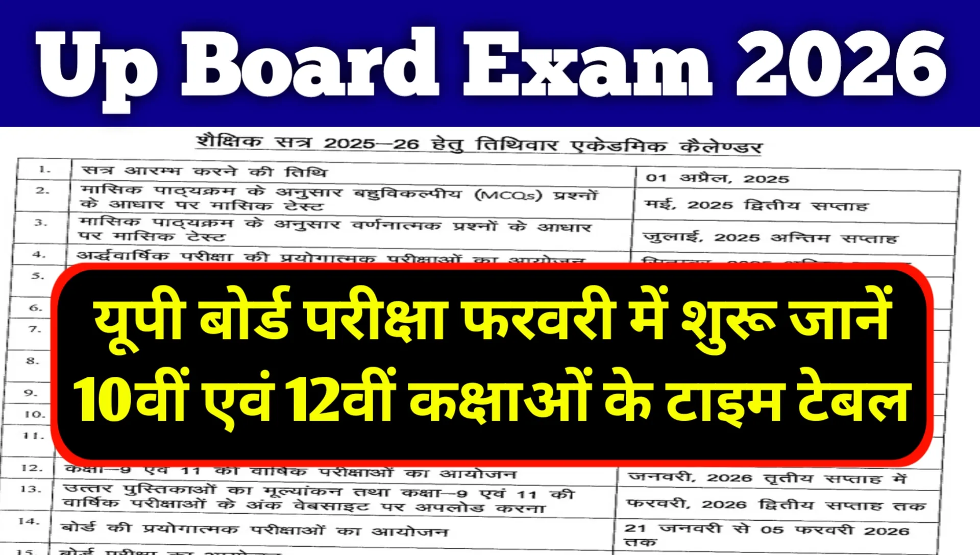 Up Board Exam 2026 Time Table